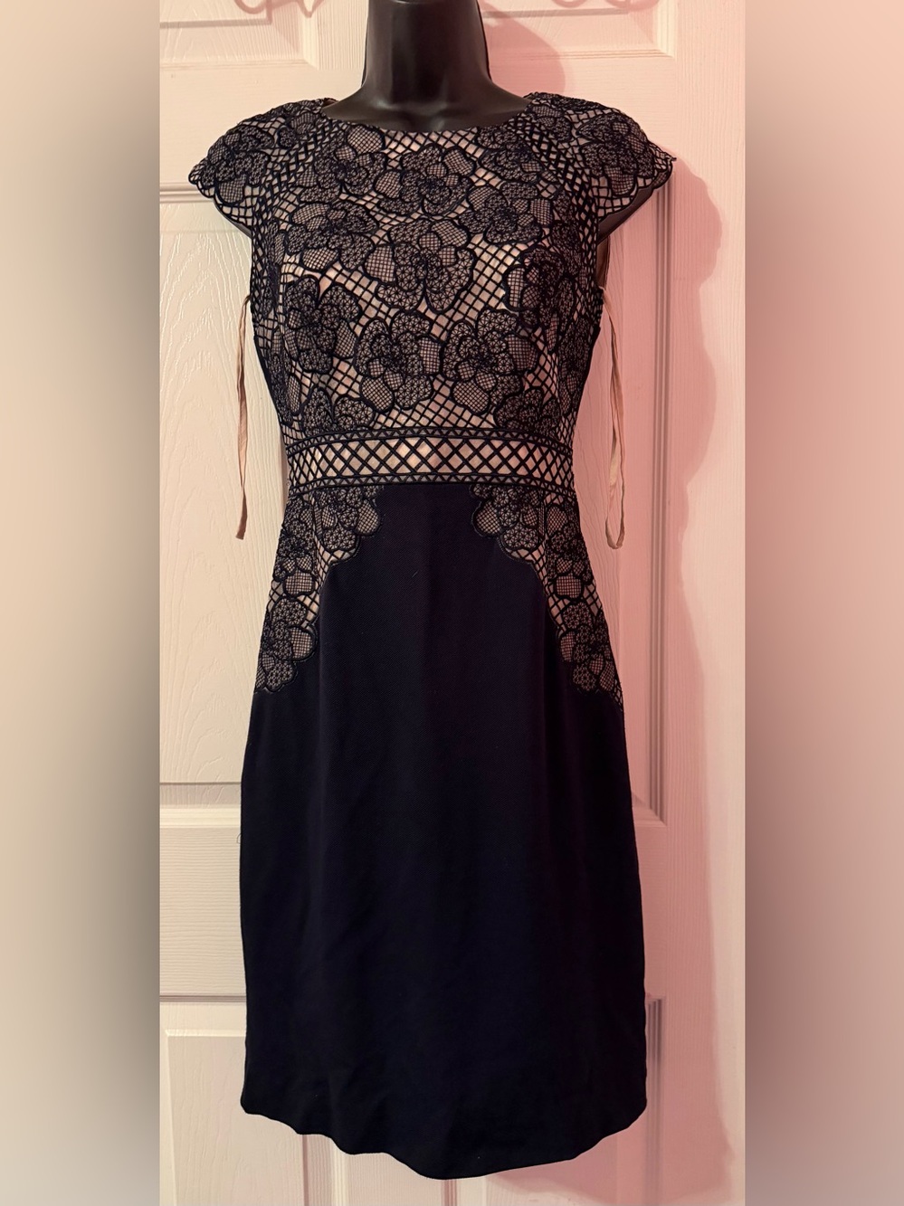 ANTONIO MELANI Blue Lace Overlay Fitted Sheath Midi Dress Sz 0